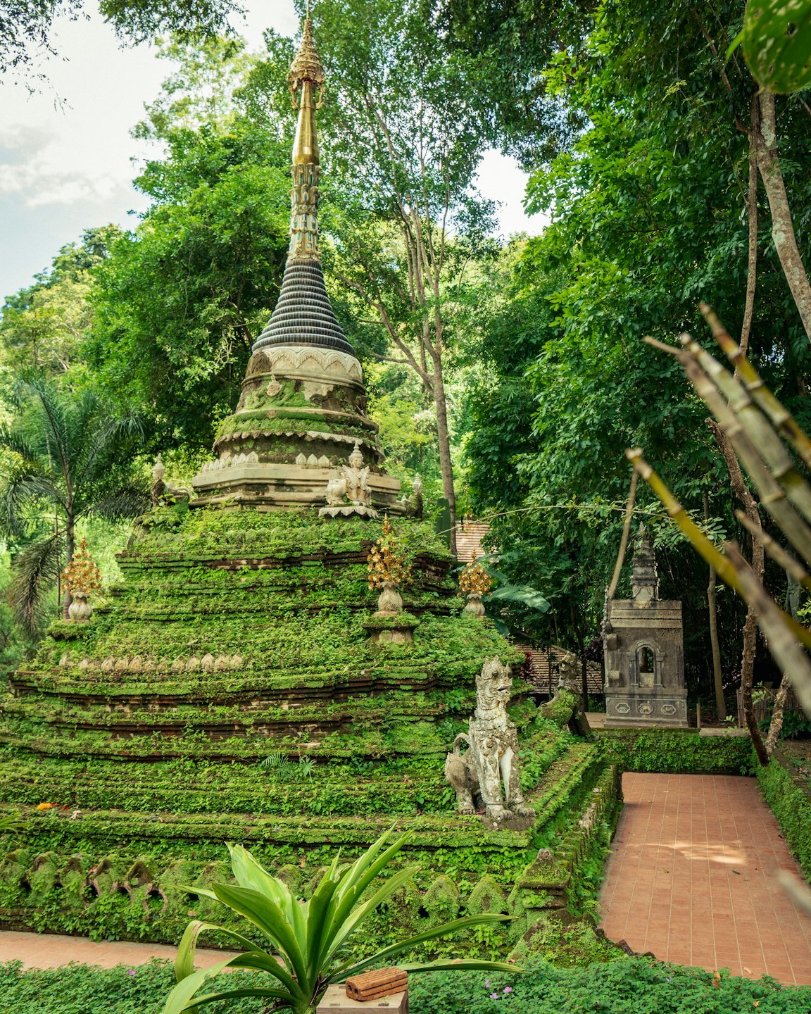 Ein bemooster Steinstupa, umgeben von tropischen Bäumen.